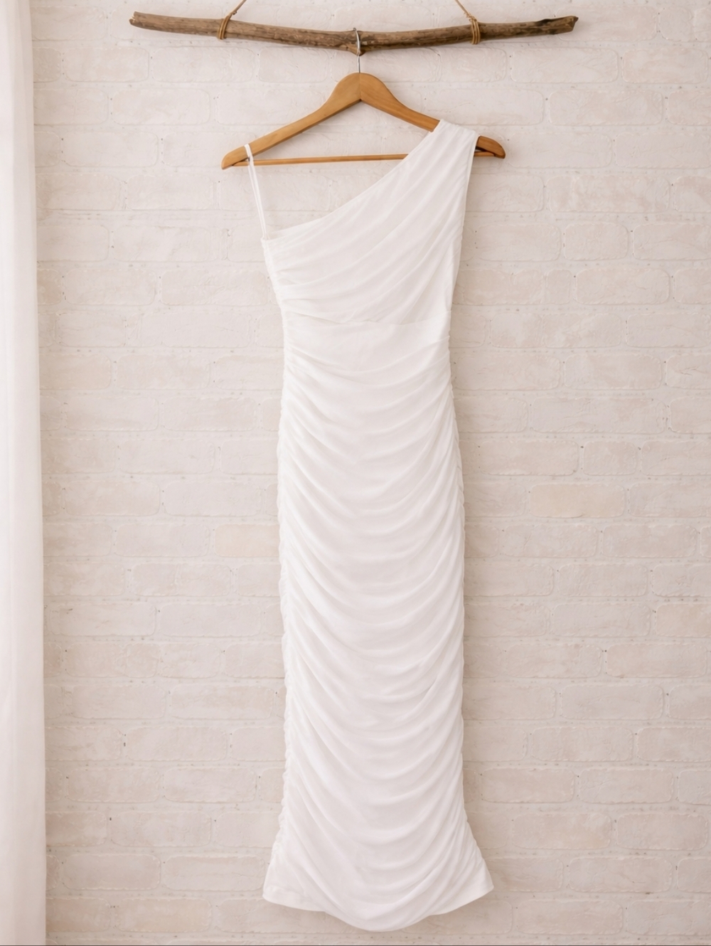 NWOT One-Shoulder White Ruched Bodycon Dress Size M